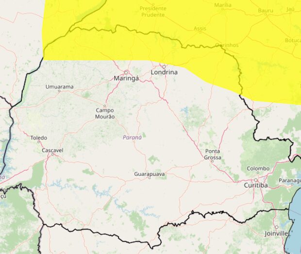 Faixa amarela mostra as regiões do Paraná em alerta de tempestade. Foto: Inmet
