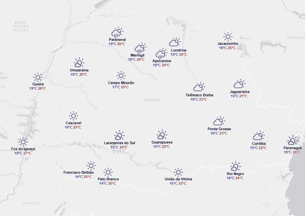 previão do tempo para quarta no Paraná tem menos chuvas