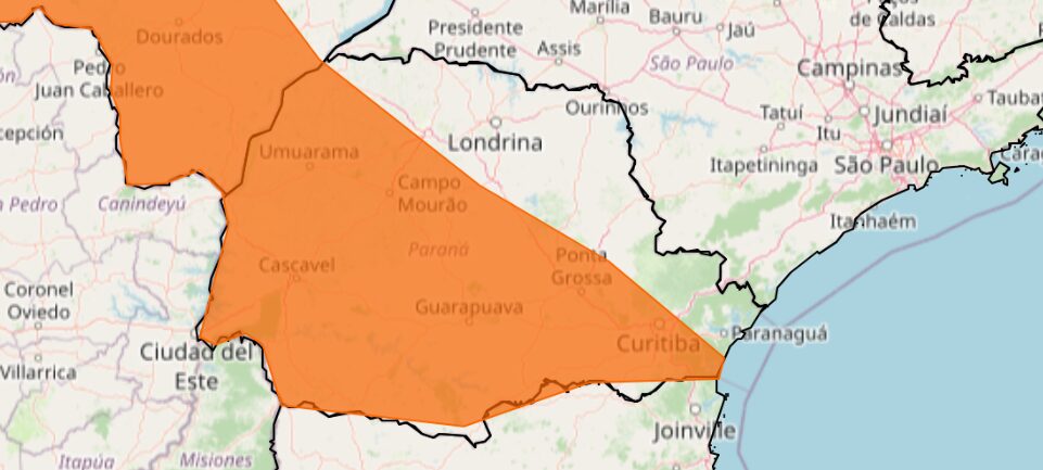 área laranja de cidades em alerta de tempestade no paraná
