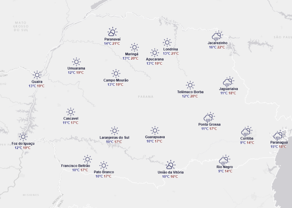 onda de frio: Previsão do tempo para segunda no Paraná. Foto: Simepar