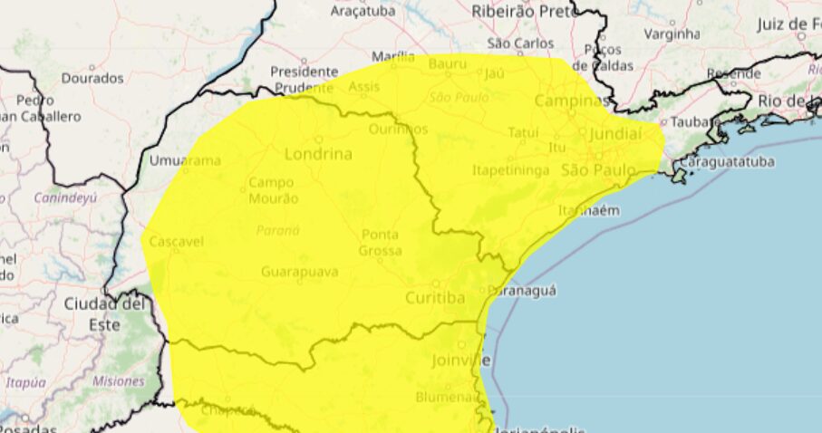 Chuvas intensas são previstas na área amarela do mapa. Foto: Inmet