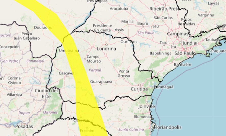 área amarela está em alerta amarelo (perigo potencial) de tempestade
