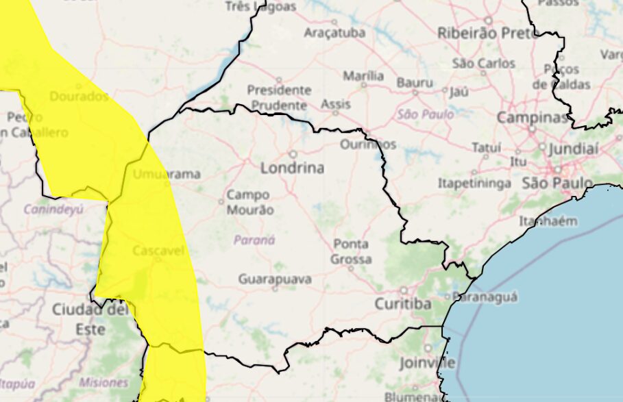 Área amarela está em alerta de tempestade. Foto: Inmet