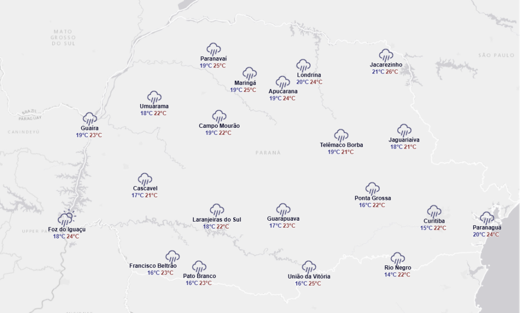 Tempo nesta segunda-feira, 17, no Paraná. Foto: Simepar