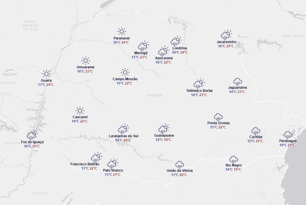 Tempo nesta terça-feira, 18, no Paraná. Foto: Simepar